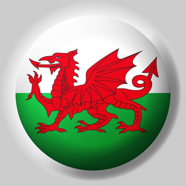 Flag of Wales button Flag of Wales button on glossy sphere welsh flag stock illustrations