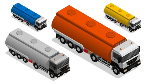 등등 측정 가솔린 유조선. 가연성 액체를 운반하기 위한 탱크가 있는 화물 연료 트럭. 흰색 배경에서 격리된 사실적인 3d 벡터 - fuel tanker truck oil chemical stock illustrations