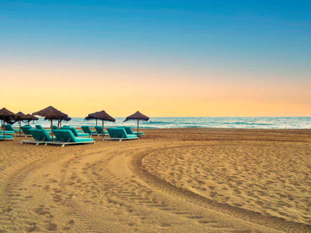 Hammocks and parasols on the beach stock photo