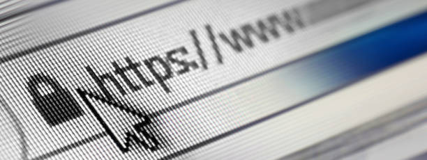 Closeup of Http Address in Web Browser in Shades of classic Blue - Shallow Depth of Field. Panoramic banner. stock photo