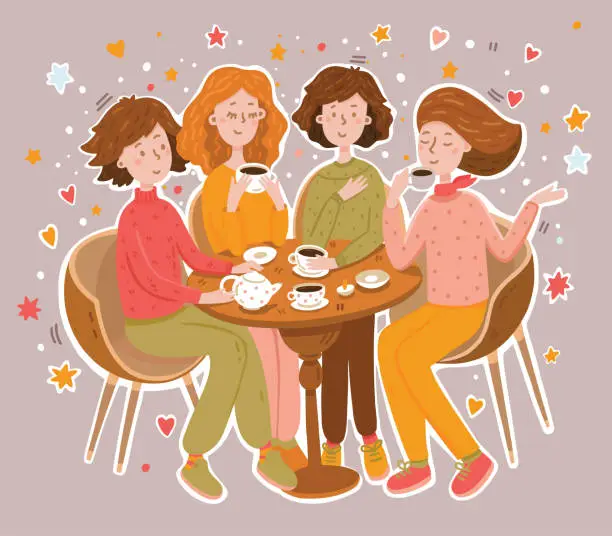 Vector illustration of Girls drinking coffee and tea in a cafe
