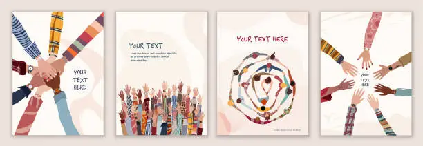 Vector illustration of Volunteer people group concept flyer brochure poster editable template. Raised arms and hands of multiethnic people. Multicultural people holding hands. Hands in a circle. Team concept