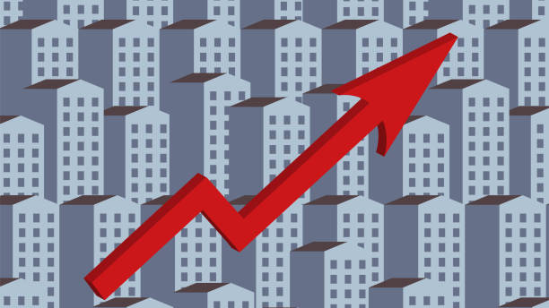 illustrazioni stock, clip art, cartoni animati e icone di tendenza di segno di freccia rosso che cresce su sfondo monocromatico dell'edificio. beni immobili. tasso d’interesse. affitto appartamento. vendita e affitto appartamenti. tabella. concetto di prezzo della proprietà. finanza ed economia. inflazione. - luogo dinteresse immagine