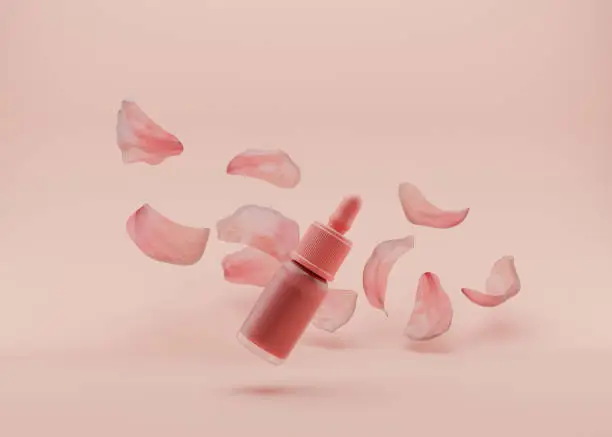 Photo of Pink glass bottle of cosmetic liquid on the pink background. Gel with flowers petals flying in the air. Dropper bottle, hyaluronic acid, oil, serum, skin care product. 3D rendering.