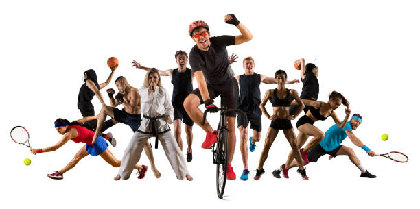 collage deportivo. ciclismo, running, fitness, culturismo, tenis, luchador y jugadores de baloncesto - healthy lifestyle men boxing dumbbell fotografías e imágenes de stock