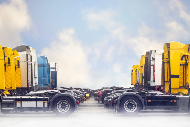 trucks parked beautifully with sky background and copy space - convoy imagens e fotografias de stock