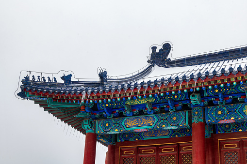 Close up of eaves and ancient buildings of the temple of heaven prayer hall in Beijing, China