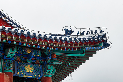 Close up of eaves and ancient buildings of the temple of heaven prayer hall in Beijing, China