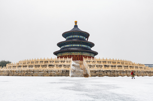 The temple of heaven prayer hall in Beijing, China is on a snowy day in winter
