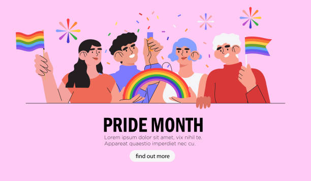 ゲイのパレード、プライド月間、またはフェスティバルでポスター、プラカード、シンボル、看板、カラフルな旗やlgbtの虹を持つ人々や群衆の多様なグループは、プライド月のウェブバナー - gay pride flag illustrations点のイラスト素材／クリップアート素材／マンガ素材／アイコン素材