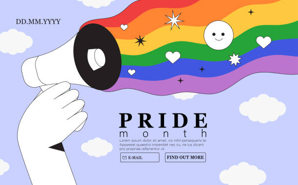 people hold megaphone or loudspeaker with lgbt rainbow during pride month celebration against violence, descrimination, human rights violation. lgbt greeting card, square banner or poster. - lgbtq 幅插畫檔、美工圖案、卡通及圖標