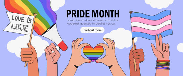 ilustrações, clipart, desenhos animados e ícones de as pessoas seguram megafones e bandeiras com arco-íris lgbt e bandeira transgênero durante a celebração do mês do orgulho contra a violência, descriminação, violação dos direitos humanos. igualdade e autoafirmação. - gay pride flag flag rainbow pride