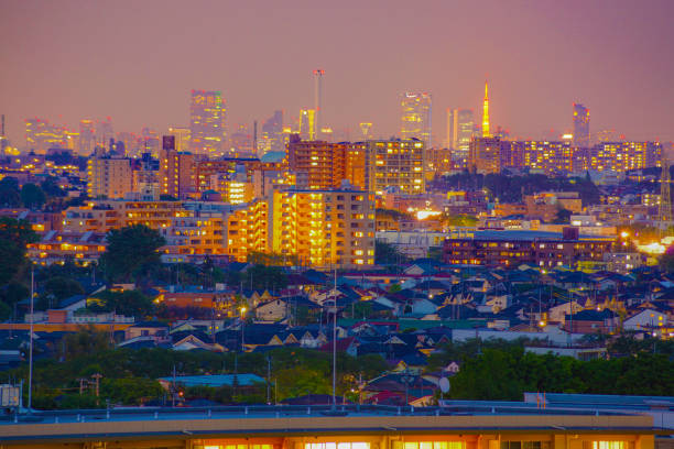 Osaka cityscape at dusk, viewed from Abeno Harukas 300 observatory. Abeno Harukas is a supertall skyscraper, 300 m tall, the tallest in Osaka, Japan.