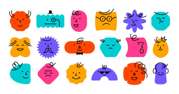 illustrations, cliparts, dessins animés et icônes de visage abstrait. joyeux doodle icônes de personnage, avatar de bande dessinée de dessin animé, personne emoji minimaliste. jeu de vecteurs - backgrounds humor cartoon fun