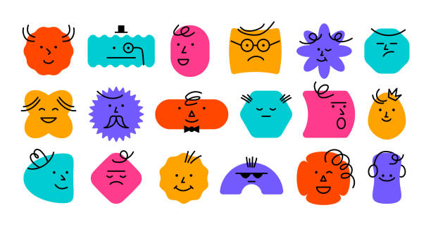 abstrakcyjna twarz. szczęśliwe ikony postaci doodle, komiksowy awatar z kreskówek, minimalistyczna osoba emoji. zestaw wektorowy - anthropomorphic stock illustrations