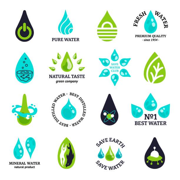 Water drop icons. Liquid splash and pure mineral water symbol, raindrop and cold mountain mineral aqua geometric sign. Vector abstract water emblem set Water drop icons. Liquid splash and pure mineral water symbol, raindrop and cold mountain mineral aqua geometric sign. Vector illustrations abstract water emblem set symbol pure drops splash mountain stock illustrations