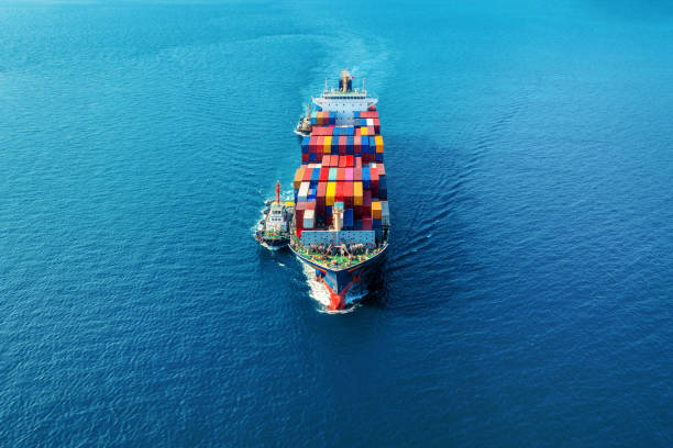 istock Aerial view of cargo ship with cargo container on sea. 1364586152