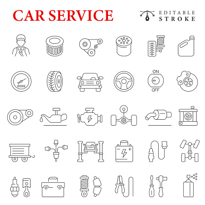 Car Components Line Icons. Car Service. Editable Stroke.