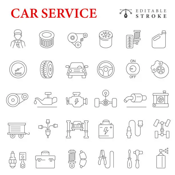 Vector illustration of Car Components Line Icons. Car Service. Editable Stroke.