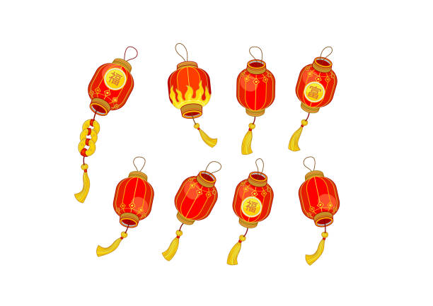 vektor-set mit roten girlanden aus chinesischen papierlaternen. mondneujahr. chinesisches frühlingsfest. - lampionpflanze stock-grafiken, -clipart, -cartoons und -symbole