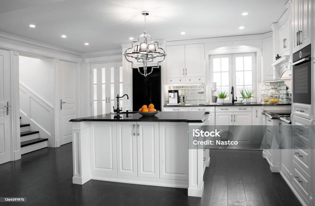 Beautiful,wooden kitchen with large island Beautiful, hampton style, wooden kitchen with large island Kitchen Stock Photo