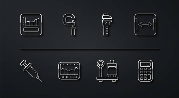 ilustrações de stock, clip art, desenhos animados e ícones de set line graph, schedule, chart, diagram, syringe, area measurement, scale with suitcase, measuring instrument, micrometer, calculator and calliper caliper and scale icon. vector - text graph box education