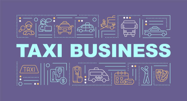 Taxi business word concepts purple banner Taxi business word concepts purple banner. Driving service. Infographics with linear icons on background. Isolated typography. Vector color illustration with text. Arial-Black font used taxi logo background stock illustrations