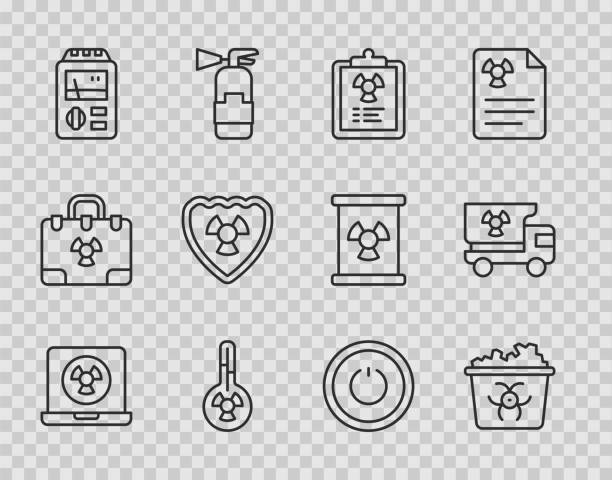 Set line Nuclear laptop, Infectious waste, Radiation warning document, Meteorology thermometer, Dosimeter, Radioactive shield, Power button and Truck with radiation materials icon. Vector Set line Nuclear laptop Infectious waste Radiation warning document Meteorology thermometer Dosimeter Radioactive shield Power button and Truck with radiation materials icon. Vector. radiation dosimeter stock illustrations