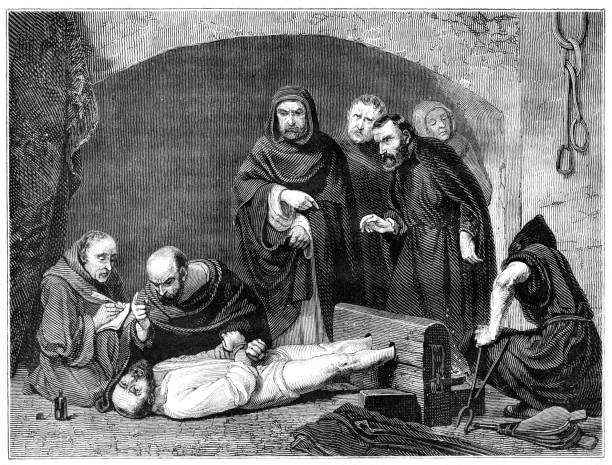 Priest torturing man in dungeon during spanish inquisition 15th century Inquisition after M. Robert Fleury
Original edition from my own archives
Source : Magasin Pittoresque 1841

The Spanish Inquisition was established in 1480 by Catholic Monarchs Ferdinand II of Aragon and Isabella I. It was intended to maintain Catholic orthodoxy in their kingdoms and to replace the Medieval Inquisition, which was under Papal control. The Inquisition was originally intended primarily to ensure the orthodoxy of those who converted from Judaism and Islam. dungeon medieval prison prison cell stock illustrations