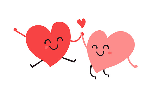 Two happy smiling hearts. Cartoon heart characters. Couple in love. Love is in the air. Love and friendship. Valentines Day design concept. Romantic vector illustration.