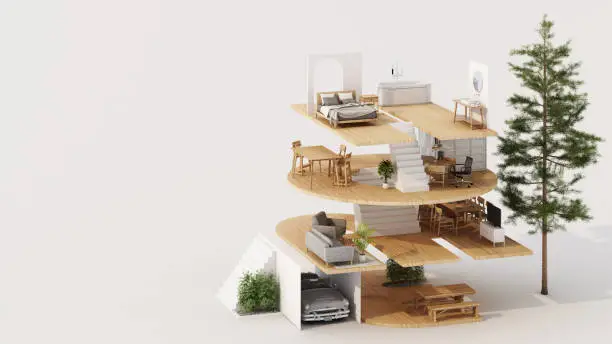 Isometric home office in HOME alphabet shape, concept of work from home, goal of life, Work Life Balance with furniture used in daily life. in white and wood tones, 3D rendering and illustration.