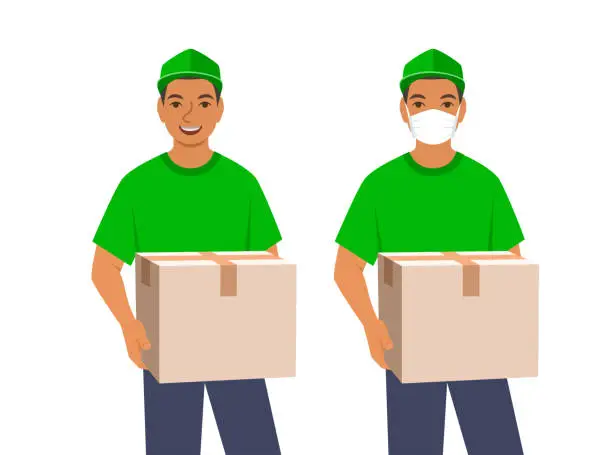 Vector illustration of Delivery boy holds in hands postal parcel box