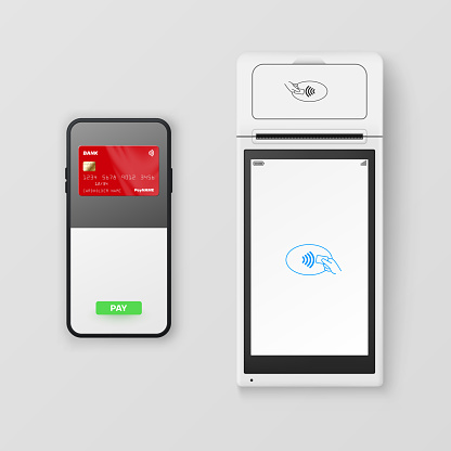 NFC payment e money buy transaction online checkout with smartphone and POS terminal realistic vector illustration. Top view contactless mobile paying purchase banking service technology isolated