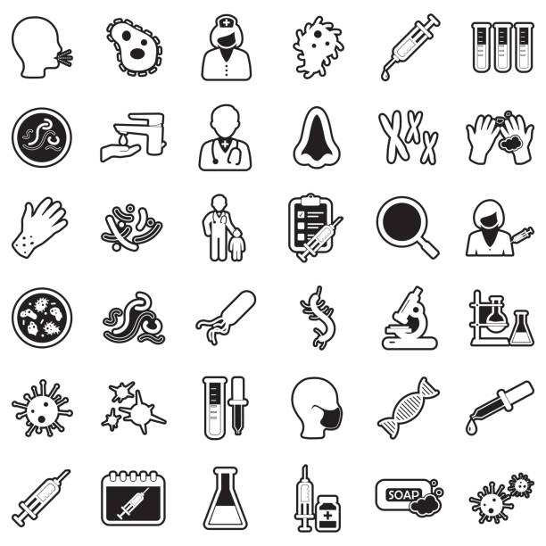 viren und bakterien-ikonen. linie mit fülldesign. vektor-illustration. - swine flu stock-grafiken, -clipart, -cartoons und -symbole