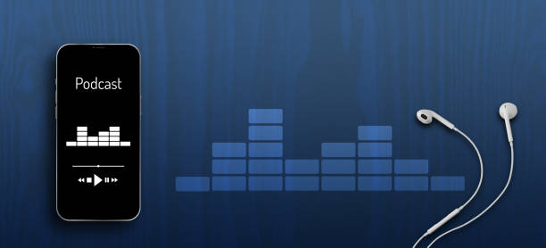istock Podcast banner with smartphone screen displaying player app, earphones and copy space 1364602960