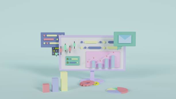 istock 3D illustration of desktop computer analyzing graphs, numbers, charts, and internet information (blue) 1364603158