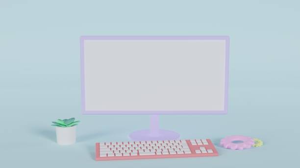 istock 3D illustration of desktop computer with copy space, keyboard, plant and gears (blue) 1364603164