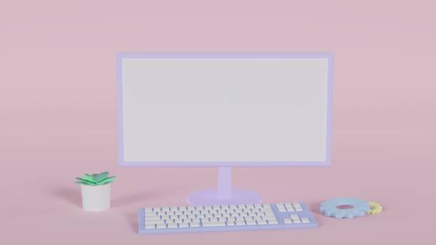 istock 3D illustration of desktop computer with copy space, keyboard, plant and gears (pink) 1364603173