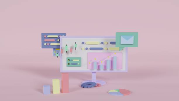 istock 3D illustration of desktop computer analyzing graphs, numbers, charts, and internet information (pink) 1364603181