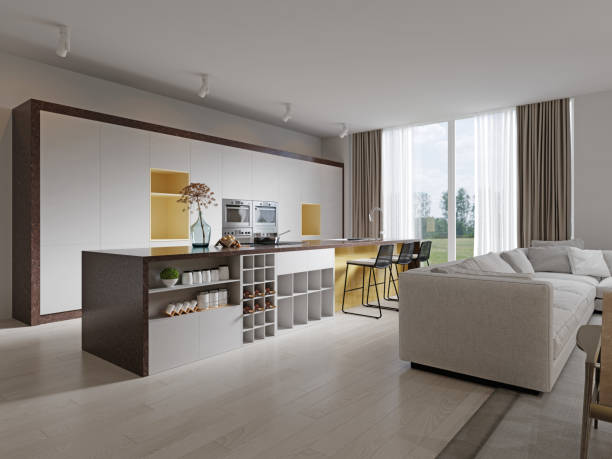 istock Contemporary white kitchen with a beautiful yellow niche and a large kitchen island with brown marble countertop. 1364604456