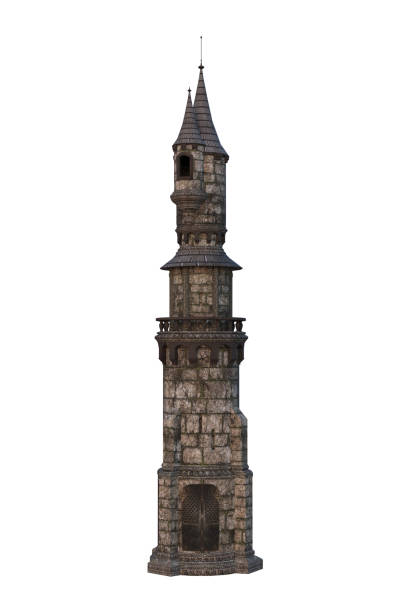 istock 3D rendering of a round fairytale castle tower isolated on white. 1364605369