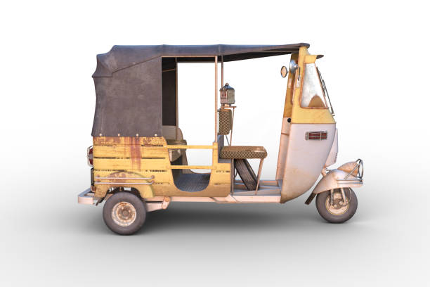Indian auto rickshaw or tuk tuk taxi viewed from the side. 3D illustration isolated on a white background.