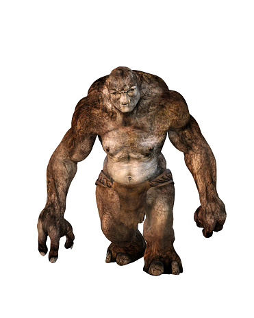 A huge fantasy troll, character from a fairytale lumbering forwards with arms dragging by his side. 3D render isolated on a white background.