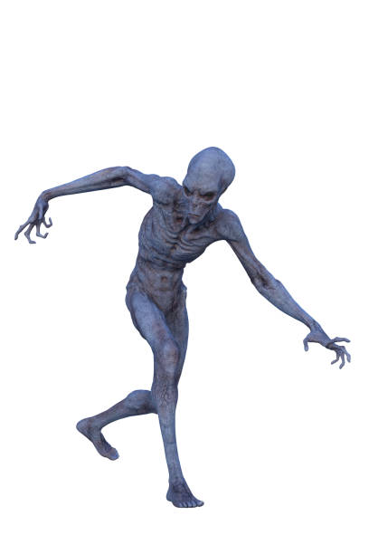 Blue grey skinned alien man walking and looking down to his right. 3D rendering isolated on a white background.