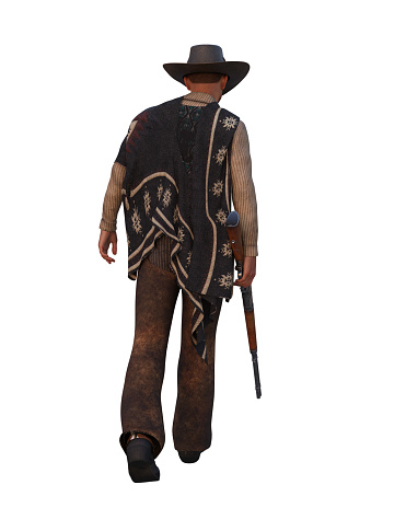 Man in vintage wild west clothes with cowboy hat walking away with a riflle in his right hand. 3D illustration isolated on a white background.
