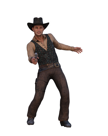 Man in vintage wild west clothes with cowboy hat with pistol aimed at the viewer. 3D illustration isolated on a white background.