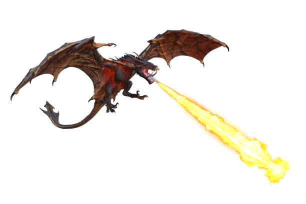 3D illustration of a flying green dragon or wyvern breathing fire downwards isolated on white. stock photo