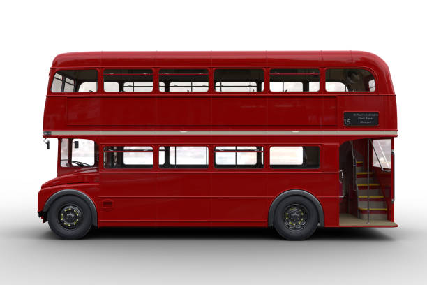 istock Side view 3D rendering of a vintage red double decker London bus isolated on white. 1364605713