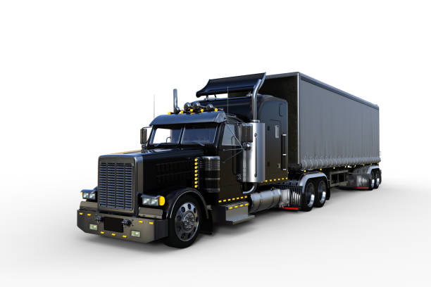 istock 3D rendering of a generic black and grey semi-trailer freight truck isolated on white. 1364605775