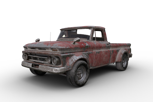 Old rusty vintage red pickup truck. 3D illustration isolated on a white background.
